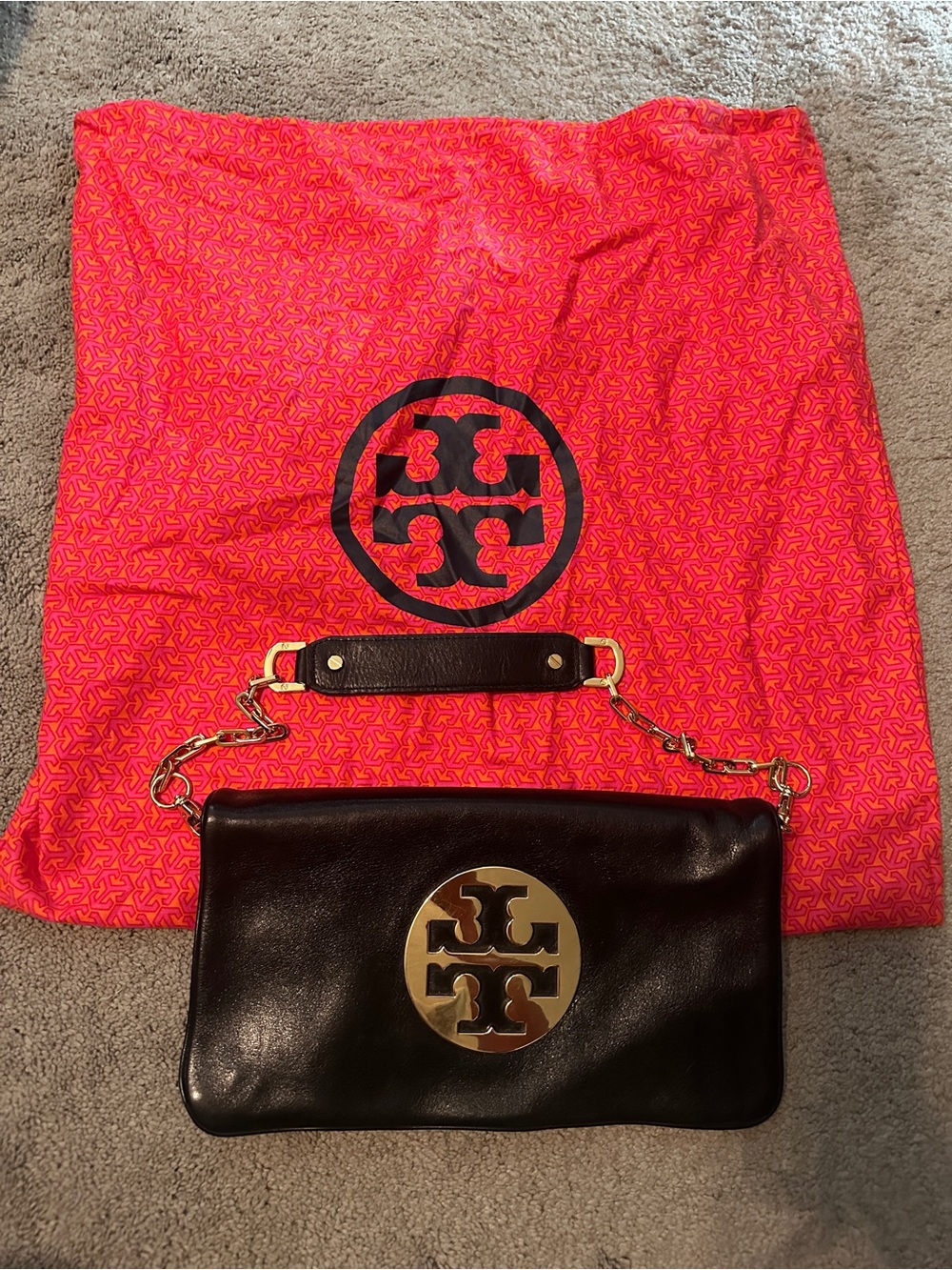 Tory Burch Black Leather Wristlet with Gold Logo